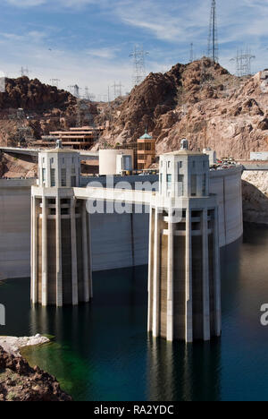 Hoover Dam, located near Las Vegas, supplies electricity to Nevada, Arizona and Southern California and controls flooding on the Colorado River. Stock Photo