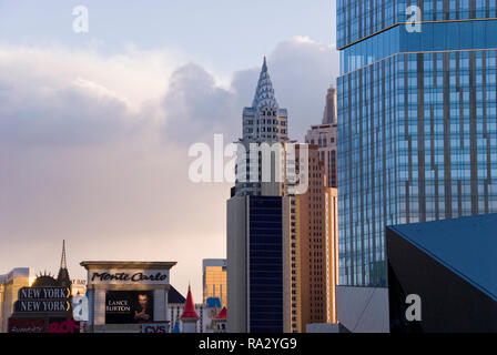 View along Las Vegas Blvd. of the New York New York and Monte Carlo casinos, with Crystals at CityCenter shopping mall (R), in Las Vegas, Nevada. Stock Photo