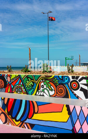 Sports grounds and other facilities decorated with contemporary art at the newly refurbished Ela Beach in Port Moresby. Stock Photo