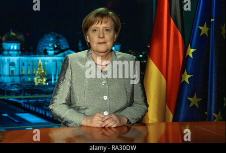 Berlin, Germany. 30th Dec, 2018. Berlin 31 December 2018; German Chancellor Angela Merkel photographed after her New Year's speech was recorded at the chancellery. Credit: John Macdougall/AFP POOL/dpa/Alamy Live News Stock Photo