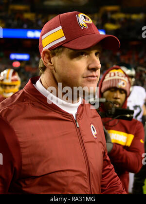 Washington Redskins head coach Jay Gruden leaves the field following the game against the Philadelphia Eagles at FedEx Field in Landover, Maryland on December 30, 2018. The Eagles won the game 24 - 0 and their victory coupled with the Viking loss allowed them to advance to the NFC playoffs. Credit: Ron Sachs/CNP | usage worldwide Stock Photo