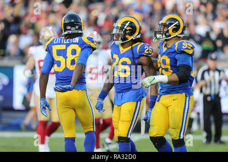 Los Angeles, CA, USA. 30th Dec, 2018. Los Angeles Rams inside linebacker  Mark Barron #26 watching his sack on the replay board with Los Angeles Rams  defensive end Aaron Donald #99 during the NFL San Francisco 49ers vs Los  Angeles Rams at the