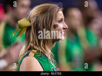 December 29, 2018: Notre Dame cheerleader during NCAA Football game action between the Notre Dame Fighting Irish and the Clemson Tigers at AT&T Stadium in Arlington, Texas. Clemson defeated Notre Dame 30-3. John Mersits/CSM Stock Photo