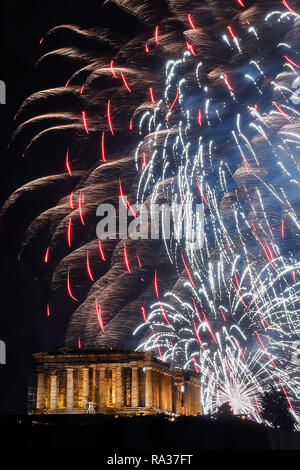 Fireworks explode over the Acropolis during New Year celebrations Stock ...