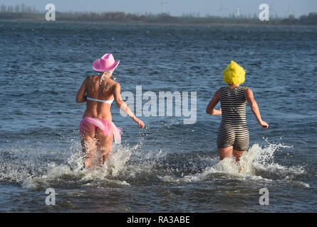 Stralsund, Germany. 01st Jan, 2019. The 2019 ice bathing season for the Stralsund 'walruses' begins with the New Year's swim in Strelasund off Stralsund. With air temperatures of six degrees plus, the ice bathers did not have to chop a hole to get into the water on this New Year's Day. Credit: Stefan Sauer/dpa-Zentralbild/dpa/Alamy Live News Stock Photo