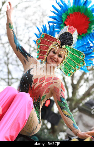 London, UK. UK. 01st Jan, 2019. London, UK. 1st Jan 2019. London's New Year's Day Parade 2019, or LNYDP, features just over 10,000 participants from the USA, UJ and Europe perform in marching bands, cheer leading squads, themed floats from London's Boroughs, and many other groups. The route progresses from Piccadilly via popular landmarks such as Trafalgar Square towards Whitehall in central London every year. Credit: Imageplotter News and Sports/Alamy Live News Stock Photo