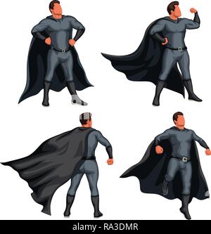 illustration of male super hero set dark grey costume isolated on white background Stock Vector