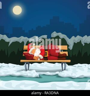illustration of santa sleeping on a bench in a park at night Stock Vector
