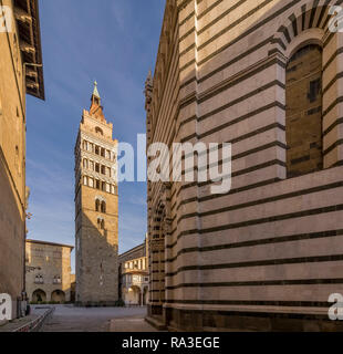 View of the bell tower of the Duomo and the baptistery of Pistoia, Tuscany, Italy Stock Photo