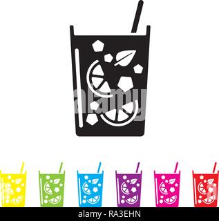 Mojito cocktail with mint leaf, crushed ice and lime slices vector icon. Alcoholic beverage symbol in black and six color variations. Stock Vector