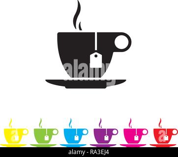 Cup of tea with teabag vector icon. Hot drink symbol in black and six color variations. Stock Vector