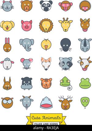 Collection of cute animal faces color filled line icons. Pet ...