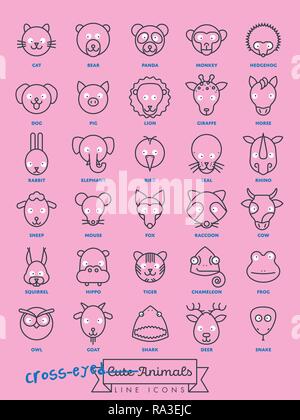 Collection of funny cross-eyed animal faces vector line icons. Stock Vector