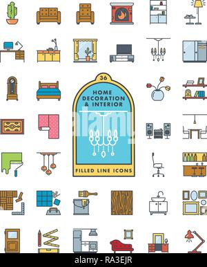 Vector collection of 36 interior, furniture and home decoration color filled line icons Stock Vector