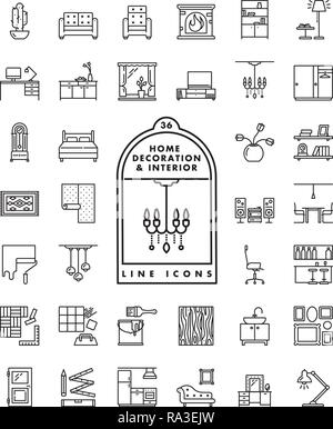 Vector collection of 36 interior, furniture and home decoration line icons Stock Vector