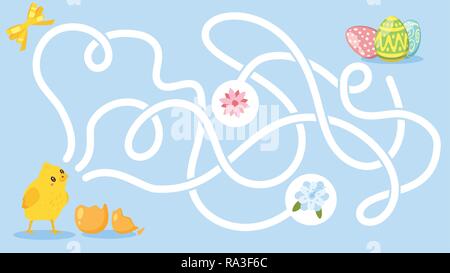 Vector cartoon style illustration of kids Easter board game - maze, with holiday symbols. Template for print. Stock Vector