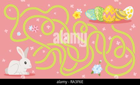 Vector cartoon style illustration of kids Easter board game - maze, with holiday symbols - bunny and eggs. Template for print. Stock Vector