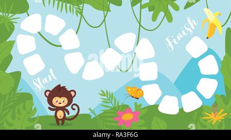 Vector cartoon style illustration of kids tropic jungle board game with cute wild animal - little monkey on rainforest background. Template for print. Stock Vector