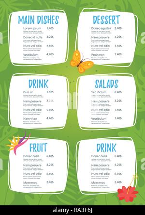 Kids food menu design template on green jungle rainforest background. Stock Vector