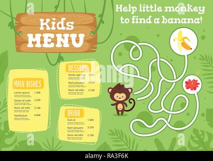 Kids food menu design template with cute character - monkey on green  jungle rainforest background. Children education board game or maze. Stock Vector