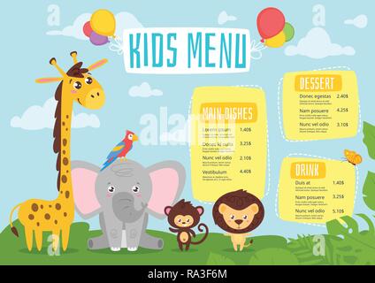 Kids food menu design template with cute jungle characters - giraffe, lion and hippo on jungle rainforest background. Stock Vector