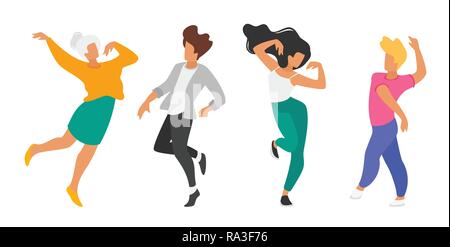 Dancing people - man and woman. Silhouette characters in dance pose enjoy party. Isolated on white background. Modern performer. Horizontal banner. Stock Vector