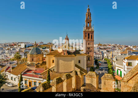 CARMONA SPAIN VIEW FROM FORTRESS OF THE GATE OF SEVILLE OVER THE TOWN AND CHURCH TOWER SIMILAR TO THE GIRALDA BELL TOWER Stock Photo
