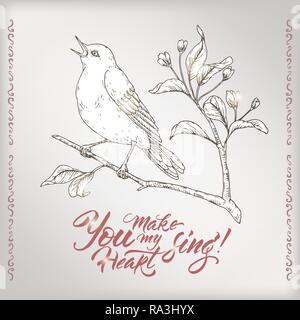 Valentine romantic card with singing bird and brush lettering saing You make my heart sing. Stock Vector