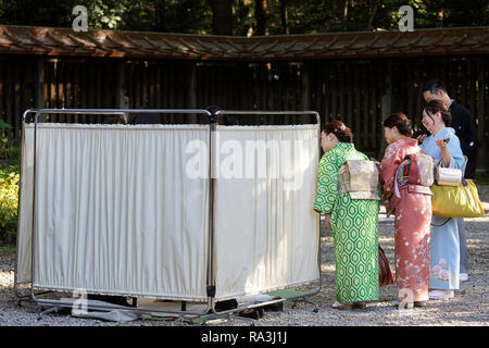 Wedding guests in kimonos waiting for bride to get dressed at traditional shinto wedding ceremony at Meiji Jingu Shinto Shrine Stock Photo