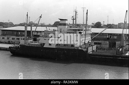1979 - A starboard beam view of the Soviet cargo ship Ivan Rusakov in port during exercise Unitas XX. Stock Photo