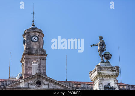 Porto / Portugal - 10/02/2018 : View at the Infante Dom Henrique Statue and Palacio da Bolsa building tower, on Porto Stock Photo