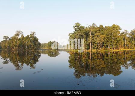 Trees reflected in Twenty Thousand Lake, Bishazari Valley or Beeshazar ...