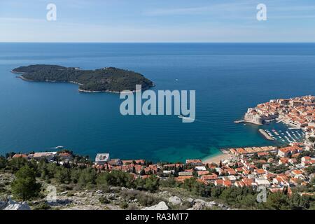 View of Lokrum Island and the Old Harbour from Mount Srd, Dubrovnik, Croatia Stock Photo