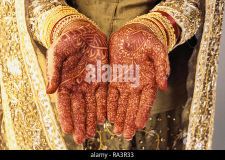 HANDS OF A HINDU KASHMIRI BRIDE ADORNED WITH HENNA Stock Photo