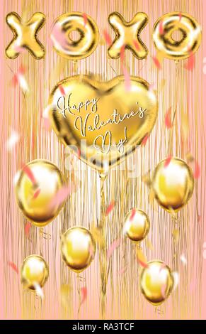 Golden foil balloons on the metallic fringe curtains shimmer curtain. Design for Valentine postcard, coral background Stock Vector