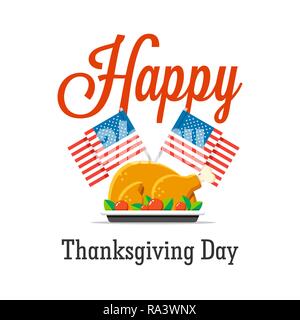 Happy Thanksgiving day vector greeting card with turkey and USA flags. Flat celebration illustration Stock Vector