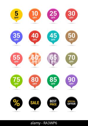 Sale discount icons. Special offer price signs. From 5 to 90 percent off reduction symbols. Colored vector flat elements badges Stock Vector