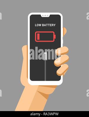 Hand holds the smartphone mockup with low battery. Flat vector modern phone mock-up illustration Stock Vector