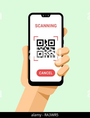 Hand holds the smartphone with qr code scanner application. Flat vector modern phone mock-up illustration Stock Vector