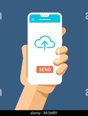 Hand holds the smartphone and sends files to cloud storage. Flat vector modern phone mock-up illustration Stock Vector