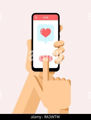 Hand holds the smartphone. Online greeting love card in mobile ...