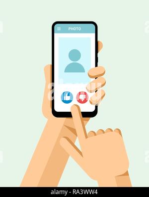 Hand holds the smartphone with like and dislike buttons under the photo on the screen. Flat vector modern phone mock-up illustration Stock Vector