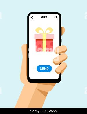 Hand holds the smartphone with birthday gift box on the screen. Flat vector modern phone mock-up illustration Stock Vector