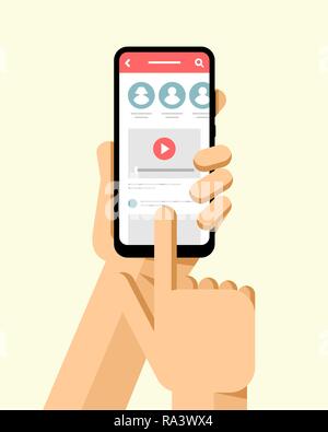 Hand holds the smartphone with social network application on the screen. Flat vector modern phone mock-up illustration Stock Vector