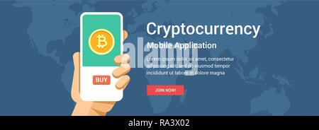 Vector flat banner for cryptocurrency transactions application. Phone in hand illustration for mobile or web design Stock Vector