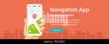 Vector flat banner for navigation application. Phone in hand illustration for mobile or web design Stock Vector