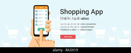 Vector flat banner for online shopping application. Phone in hand illustration for mobile or web design Stock Vector