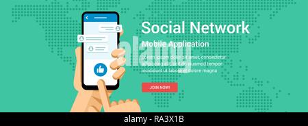 Vector flat banner for social media network application. Phone in hand illustration for mobile or web design Stock Vector