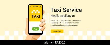 Vector flat banner for taxi service application. Phone in hand illustration for mobile or web design Stock Vector