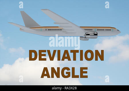 3D illustration of DEVIATION ANGLE title on cloudy sky as a background, under an airplane. Stock Photo